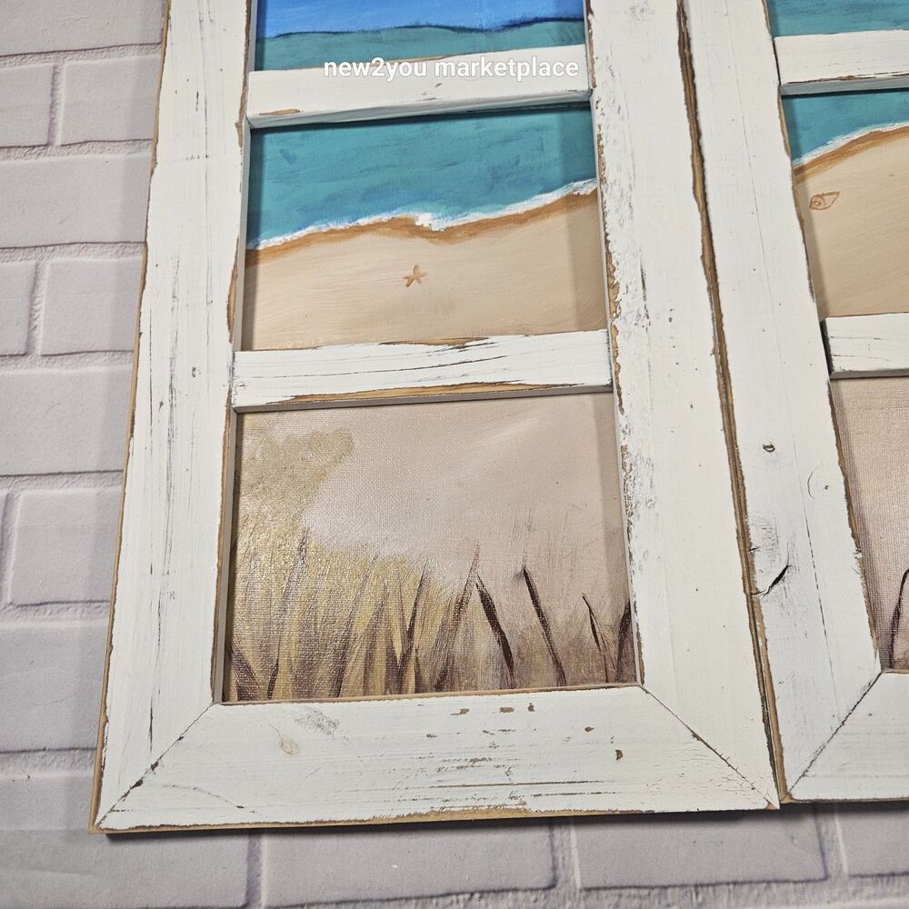 hand painted /made distressed wood frame beach scene canvas duo painting artwork - Picture 8 of 13
